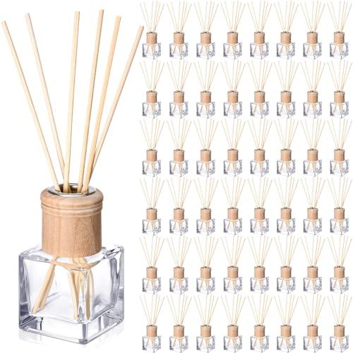 Roshtia 50 Set Reed Diffuser Bottle Empty Refillable Fragrance Glass Diffuser Bottles with Wooden Caps Rattan Sticks 50ml 1.7 oz Glass Jars for DIY Fragrance