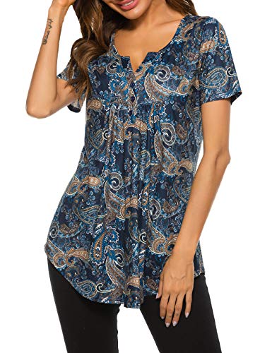 Halife Women's Floral Printed Short Sleeve Henley V Neck T-Shirt Pleated Casual Flowy Tunic Blouse Tops3