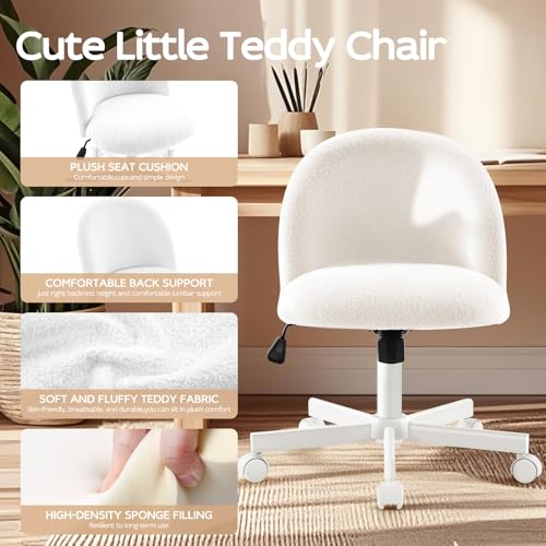 Vanity Chair with Back,Armless Desk Chair Cute Small Office Chair,Teddy Fabric Computer Chair with Adjustable Height,120°Tilting,Rolling,Swivel for Vanity,Kids Room,Office,Bedroom  image 6