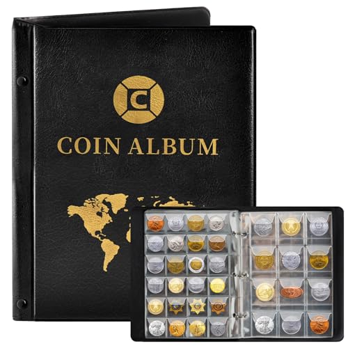 Album Coleccion de Monedas 15 Páginas 300 Bolsillos, Libro 25 x 19 cm, Transparente Con Bolsillos 4.5 x 4.5 cm