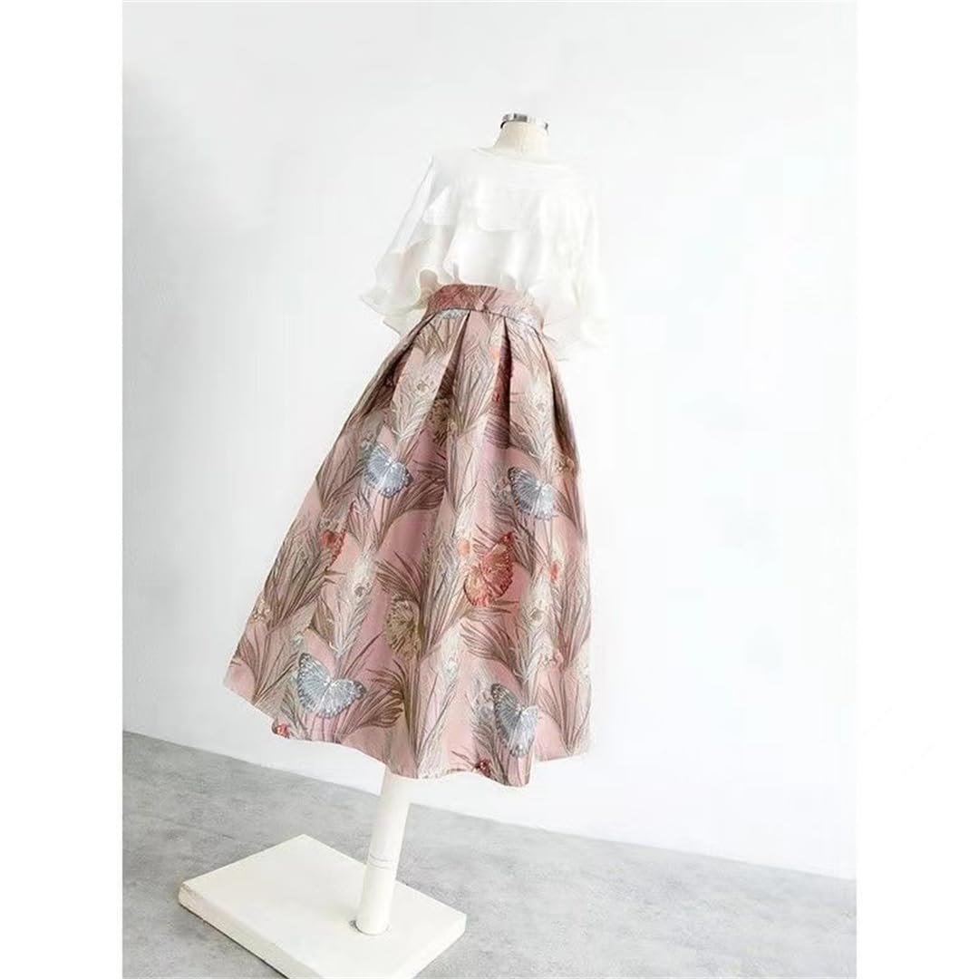 Damen bestickte Blumenröcke mit Reißverschluss, hohe Taille, Jacquard-Taschen, Ballkleid-Rock, Frühling