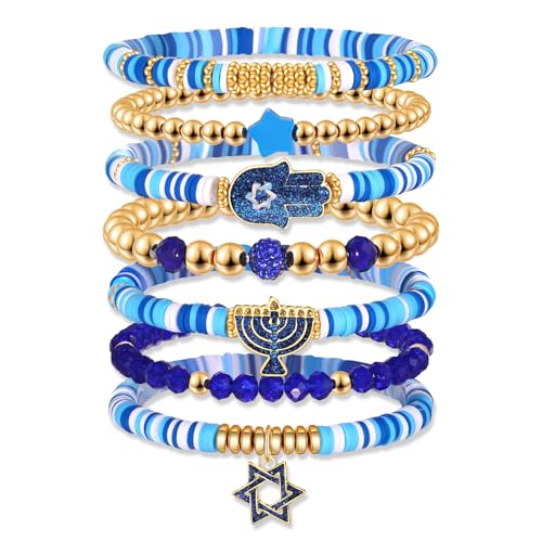 NVENF Hanukkah Bracelets for Women Jewish Bracelet Stack Star of David Menorah Dreidel Charm Bracelets Blue Heishi Beaded Stretch Bracelet Hanukkah Outfit Jewish Jewelry Gifts