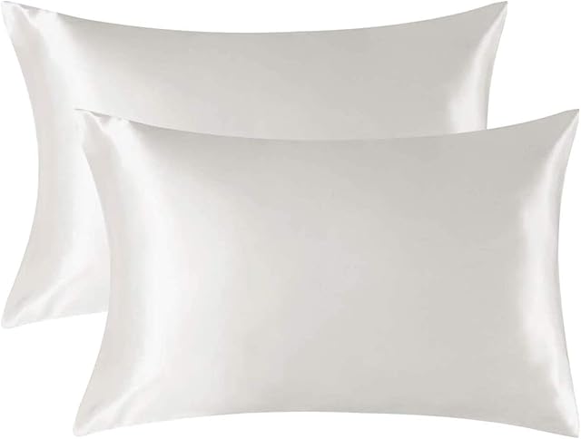 Satin Pillowcase for Hair and Skin 2 Pack, Softer than silk, White Silky Pillow Cases Set, Breathable Anti Wrinkle Smooth Pillow Cover with Envelope Closure Queen Size (50 x 75 cm)