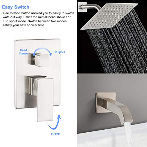 POP Shower Faucet Set with Tub Spout Brushed Nickel Bathroom Luxury Rain Mixer Shower System Wall Mounted Rainfall Shower Combo Set, Single Handle Tub and Shower Trim Kit with Rough-in Valve
