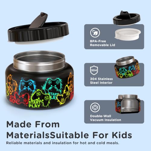 Image of MAISON HUIS 15oz Soup Thermo Wide Mouth Vacuum Insulated Stainless Steel Food Jar, Leak Proof for Hot&Cold Food Kids Lunch Container for School Travel (Black-Games Console)