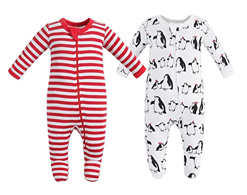 Owlivia Organic Cotton Baby Boy Girl 2 Pack Zip Front Sleep 'N Play, Footed Sleeper, Christmas Pjs Long Sleeve (Size 0-18 Month)(0-3Months,Penguin+Red Stripe)