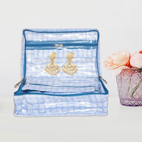 Image of Kuber Industries Makeup Storage Bag | Vanity Box for woman | Watch Organizer | Cosmetic Storage Kit | Makeup Kit with Handle | 6 Pouch Jewellery Storage Bag | Check-Design | Blue