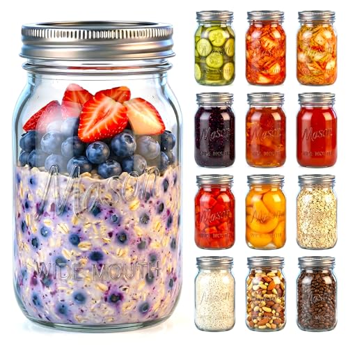 DicraoLea 12 Pack 32 OZ Glass Food Storage Jars with Separable Airtight Lids Wide Mouth Mason Jars for Pickling Fermentation Canning Microwave & Dishwasher Safe (32oz - 12 Pack)