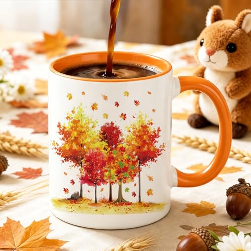 Whaline Fall Mug Maple Leaves Tree Ceramic Drinking Cup Orange Red Yellow Seasonal Coffee Mug for Autumn Harvest Thanksgiving Supplies Table Centerpieces, 12 Oz