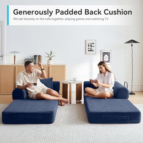 Image of Convertible Sofa Bed with Corduroy Pillow,Comfy Floor Sofa Bed Compressed Sofa in Box, Convertible Sofa Bed for Living Room Bedroom Lounge Studio, Comfy High Density Foam Mattress(Navy Blue)