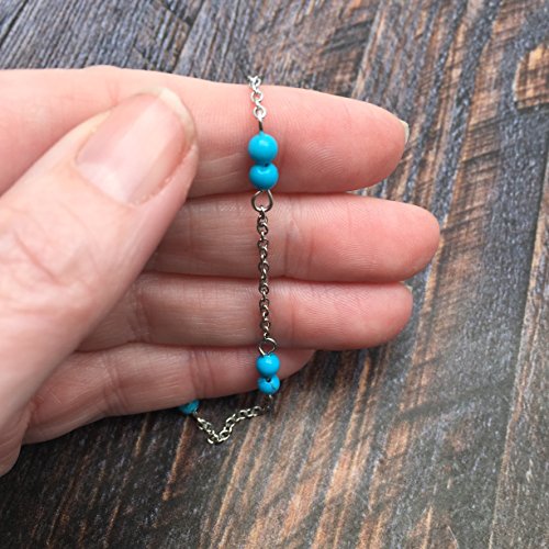 Turquoise Bead Anklet Slim Stainless Steel Chain With 4Mm Stone Beads - Adjustable Size : 9-11 Inch, Blue #TOP1