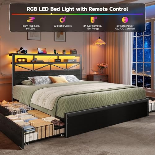 Image of Homkdom Queen Bed Frame with Large 4 Drawers, 2-Tier Shelf, LED Light and Charging Station, Heavy Duty Platform Bed with 880 lbs Capacity, Easy Assembly, Black