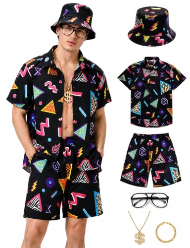 Owurha 80s 90s Outfit for Men Retro Printed Shirt and Shorts Set, Hawaiian Beach Party Costume for Disco, Pool Party, Summer Vacation
