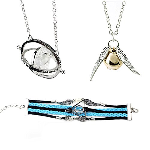 Aleación de goodlucky365 Harry Potter Snitch búho negro sintético pulsera de piel y cobre Snitch, Retro Moda collar con colgante, encanto Tiempo Turner Plata, Pack de 3 (Skyblue)