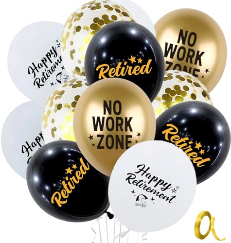Nikolaus 20 Pcs Happy Retirement Balloons - 12 Inch Black Gold and White Latex Balloons for Retirement Theme Party Decorations