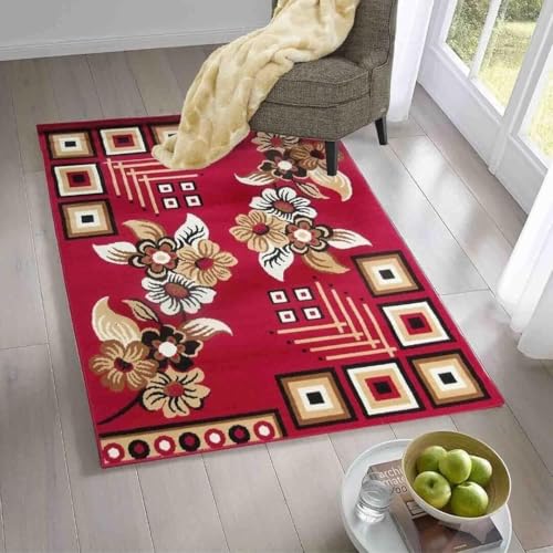 Image of GULDASTA Red Carpet for Living Room 8x11 Feet | Soft Thick Floral Area Rug | Anti Skid Washable Carpet for Bedroom Hall Home Decor