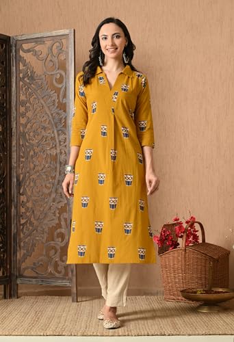 Image of Amazon Brand - Tavasya Women Ethnic Motifs Printed 3 /4th Sleeve Kurta | Straight Fit Shirt Collar Salwar | Everyday Ethnic Wear