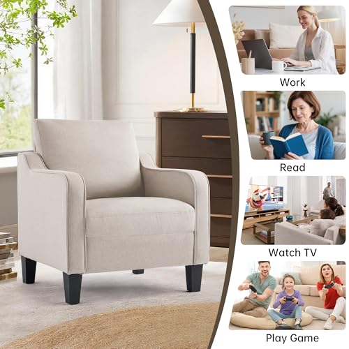Image of Mid-Century Modern Accent Chairs Set of 2, Living Room Chairs, Comfy Reading Armchair, Upholstered Small Sofa Chair for Bedroom, Office, Beige