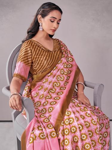 Image of Satrani Women's Chinnon Printed Saree with Unstitched Blouse Piece