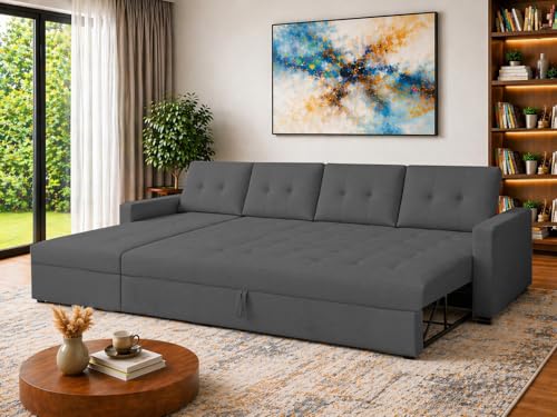 Image of Emilio 6 Seater LHS L - Shape Pull-Out Sofa Cum Bed Sofa for Living Room (Black Fabric Color) Premium Fabric Sofa Set for Living Room Sofa Cum Bed