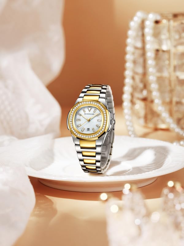 Image of Giordano Luxury Analog Quartz Watch for Women with Square Textured Dial, Crystal Indices, Date Display Function and Stainless Steel Strap - GZ-60116