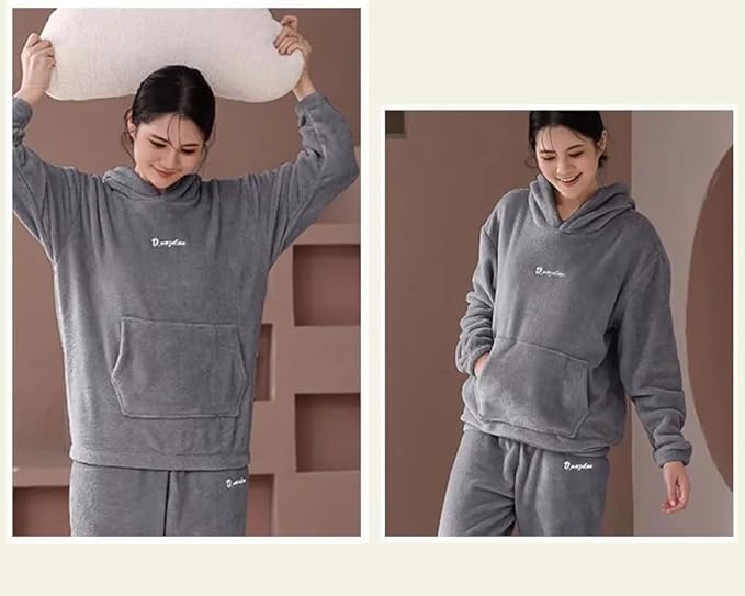 Image of SHAPERX Pajamas Set for Women With Hoodies Soft Comfy Fleece Pjs Pullover Pants Loose Plush Sleepwear Fuzzy Hoodies Loungewear for Winter Pack of 1