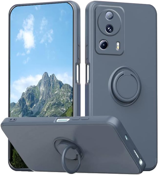 Compatible with Xiaomi 13 Lite Case with Ring Kickstand Green, Xiaomi 13 Lite Phone Case Silicone Liquid with Soft Microfiber Lining Slim Shockproof Protective Cover (Grey)