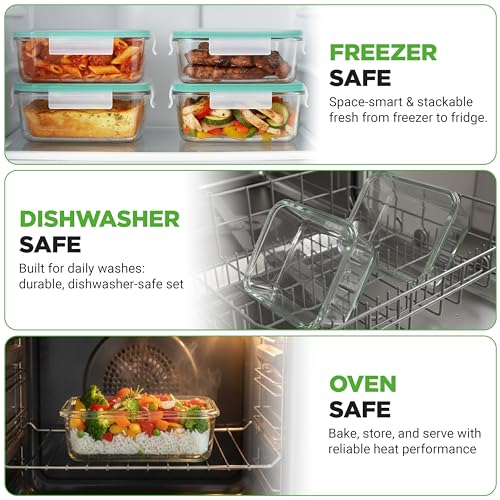 Image of NutriChef 10 Piece Glass Food Storage Containers with Lids - 30 oz Meal Prep Containers Reusable Glass - Airtight Lunch Containers for Food Storage - Freezer to Oven Safe - Green