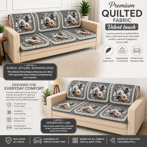 Image of Homerz 'Brooklyn Series' Premium Sofa Cover | Quilted Floral Design | Non-Slip Washable Sofa Protector | Soft Anti Slip Fabric (Grey, 5 (3+2) Seater, Seat Cover with Backrest)