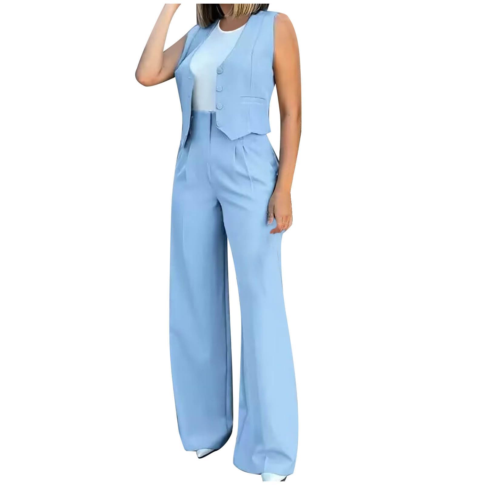 Generisch Tuta da donna in 2 pezzi, con scollo a V, senza maniche, blazer e pantaloni larghi, elegante, per ufficio e matrimonio