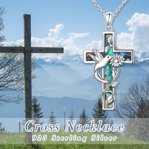 Ladytree Hummingbird Necklace S925 Sterling Silver Abalone Shell Cross Sunflower Necklaces Bird Catholic Jewelry Christian Gifts for Women4
