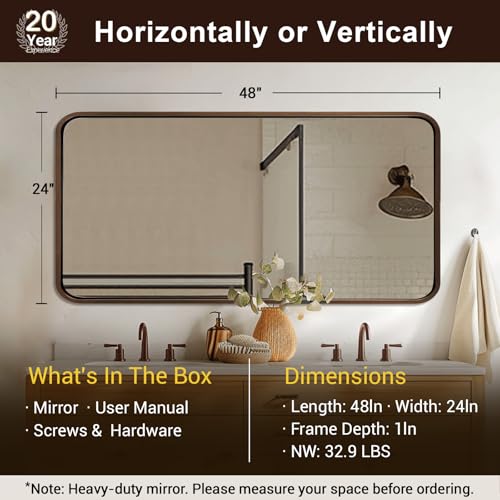 Image of ANDY STAR 24x48 Inch Bronze Bathroom Mirror, Rounded Rectangle Oil Rubbed Bronze Mirrors for Bathroom Sink,Tube Metal Framed, 1'' Deep Wall Mounted Vertically /Horizontal