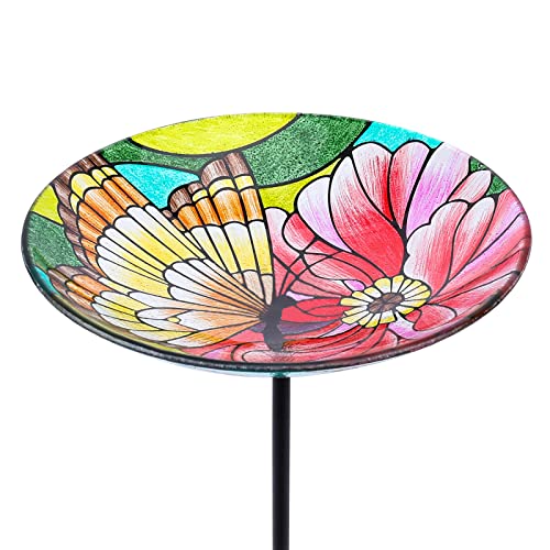 MUMTOP Glass Bird Baths for Outdoors-Outdoor Bird Bath Bowl - Butterfly and Flower Birdbaths Yard Stake Bird Feeders for Outside Garden Patio Lawn Decor