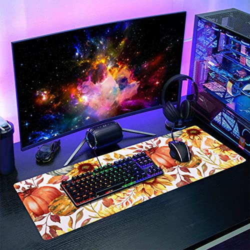 Image of Fall Pumpkin Sunflowers Mouse Pad XL Watercolor Retro Autumn Leaves Floral Extended Desk Mat Non-Slip Rubber Base Stitched Edge Large XL Thanksgiving Mousepad for Desk Gaming Laptop,31.5x11.8 in