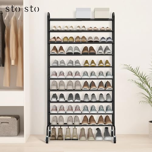 Image of STO STO Expandable Shoe Rack, 10-Tier Metal Tall Shoe Rack for Garage, Up to 44 Pairs Adjustable Shoe Rack Storage for Front Door Entrance, Free Standing Shoe Rack Organizer for Entryway, Black