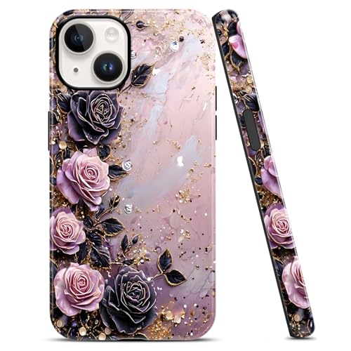 Idée cadeau coque iPhone 13 fleurs violettes et paillettes dorées