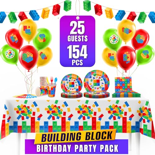 Conjunto de suprimentos para festa de aniversário com blocos de construção | decorações de tijolos de aniversário para crianças pequenas e bebés