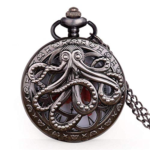 J-Love Octopus Hollow Half Hunter Quartz Pocket Watch Vintage Black Pocket Watch with Necklace Chain Gift for Kid Men Women