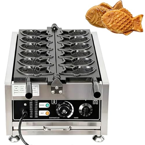 Máquina for hacer gofres de pescado Taiyaki comercial,máquina for hacer gofres antiadherente de acero inoxidable de 6 piezas,revestimiento de teflón,ajustable a 50-300 ℃