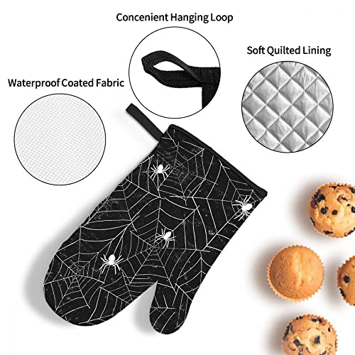 Mxocom Spiderwebs Oven Mitts And Pot Holders Sets Of 3 Halloween Black And White Grunge Background Bbq Gloves For Kitchen,Cooking,Baking,Grilling Resistant Hot Pads For Women #TOP4