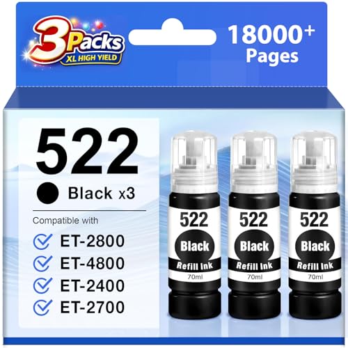 Starink Compatible T522 522 Black Ink Refill Bottles Replacement for 522 Black Ink for Ecotank ET-2800 ET-2803 ET-2720 ET-4800 ET-2400 ET-4700 ET-4810 ET-2840 Printer (3-Pack,522 Ink Refill Bottles)