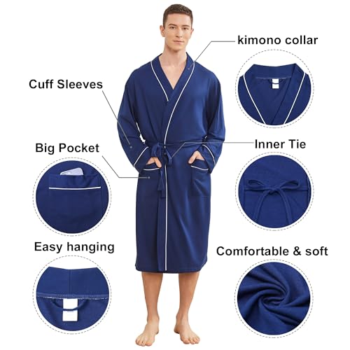 Mens Lightweight Robe, Knit Kimono Bathrobe Spa Sleepwear Soft Knee Length Robe With Pockets4