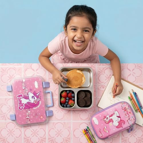 Image of Famyo June Unicorn School Essentials Kit for Kids | Bento Lunch Box + Pencil Pouch Combo | Leakproof 3-Compartment Tiffin Box & Hard Shell Pencil Case