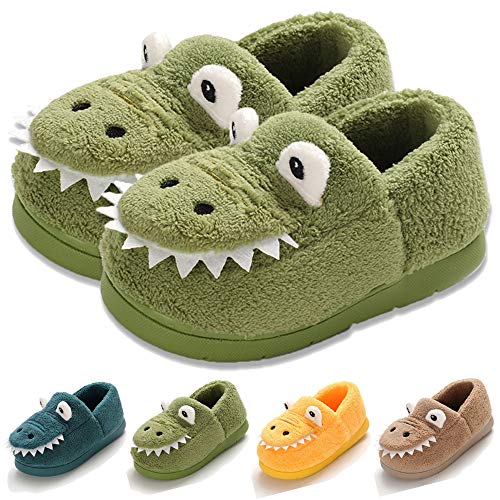 COSANKIM Baby Toddler Boys Girls House Slipper Non Skid Fuzzy Cartoon Dinosaur Kids Indoor Bedroom Shoes, 7-8M Toddler, 01 Green Toddler Slipper