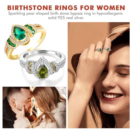 DAYBYDAY Pear Birthstone Rings for Women 925 Sterling Silver Created Gemstome Pear Shaped Engagement Ring Split Shank Anniversary Wedding Rings for Women Size 6-102