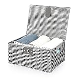 Hipiwe Wicker Storage Basket Bin with Lid & Lock - Grey Woven Basket Stackable Box for Shelf Organizing, Household Decorative Nesting Boxes for...