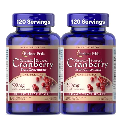 Puritan's Pride Naturally Sourced Cranberry One Per Day Fruit Concentrate 500mg, 50:1 Dietary Supplement for Urinary Tract Support, 4 Month Supply, 120 Rapid Release Capsules, 2 Pack