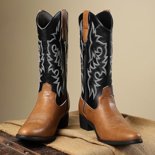 Santimon Men's Leather Cowboy Boots with Zipper, Slip on Western Style Boots with Embroidery4