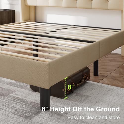 Image of Feonase Full Size Bed Frame with Upholstered Wingback Headboard, Platform Bed and Heavy Duty Wooden Slats Support, Easy Assembly, Noise-Free, No Box Spring Needed, Beige