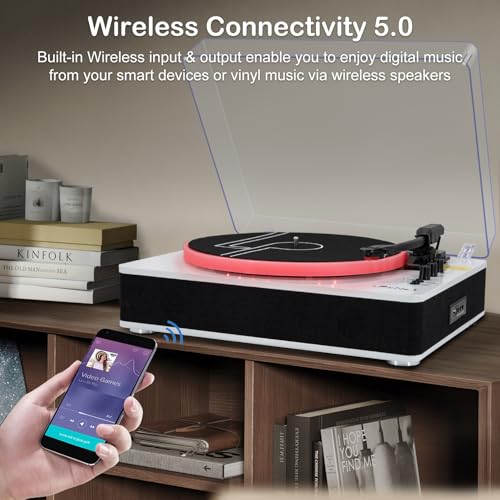 Image of LP&No.1 Record Player with Built-in Stereo Speakers, LED Control, 3-Speed Belt-Drive Vinyl Turntable with USB Playback & Recording, Wireless BT Input & Output, Auto Stop, Pitch Control | White Pearl